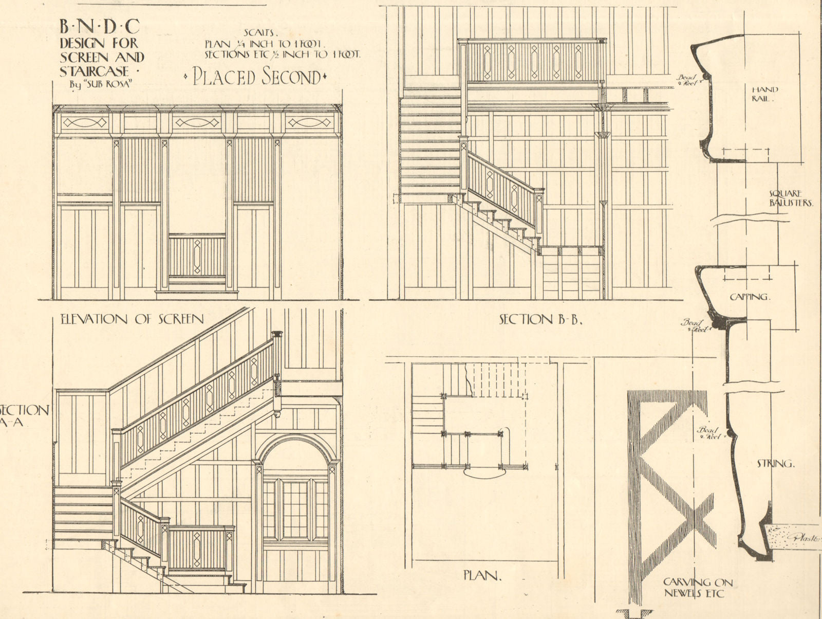 Design for screen & staircase by ''Sub Rosa''. Plans, sections & elevations 1907